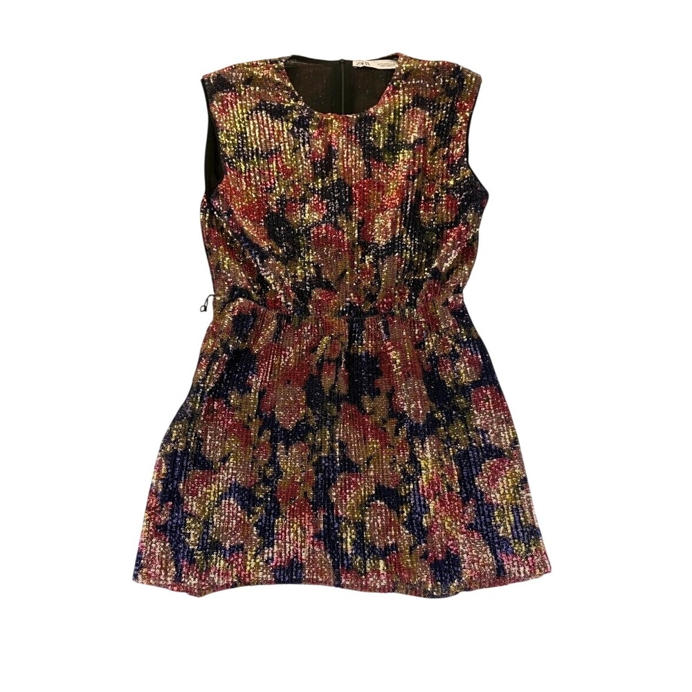 Zara Womens Multicolor Sequin Floral Sleeveless Pleated Mini Dress M Glam Party